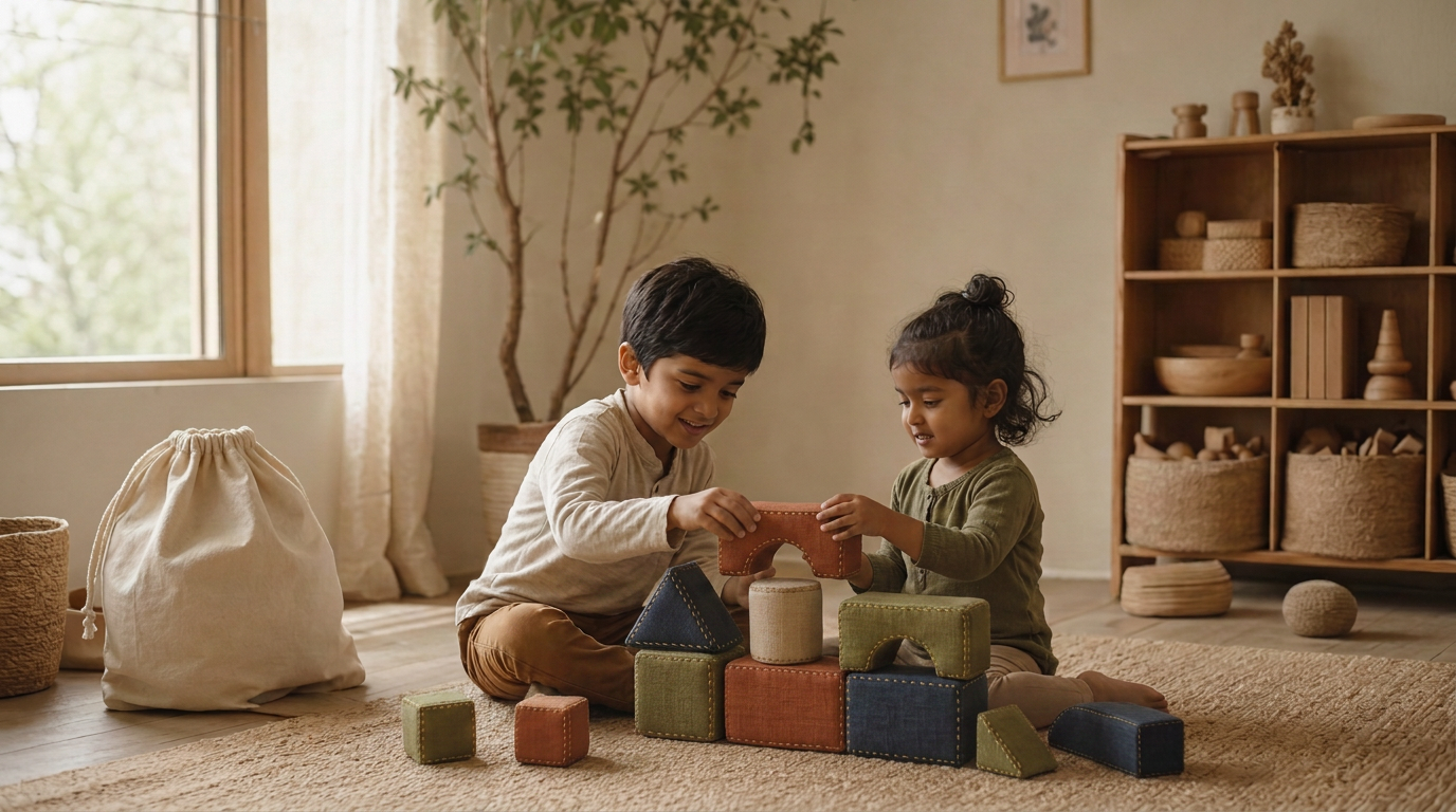 Two Indian children building with soft linen Pitara blocks in olive, rust, navy and sand in a sunlit playroom