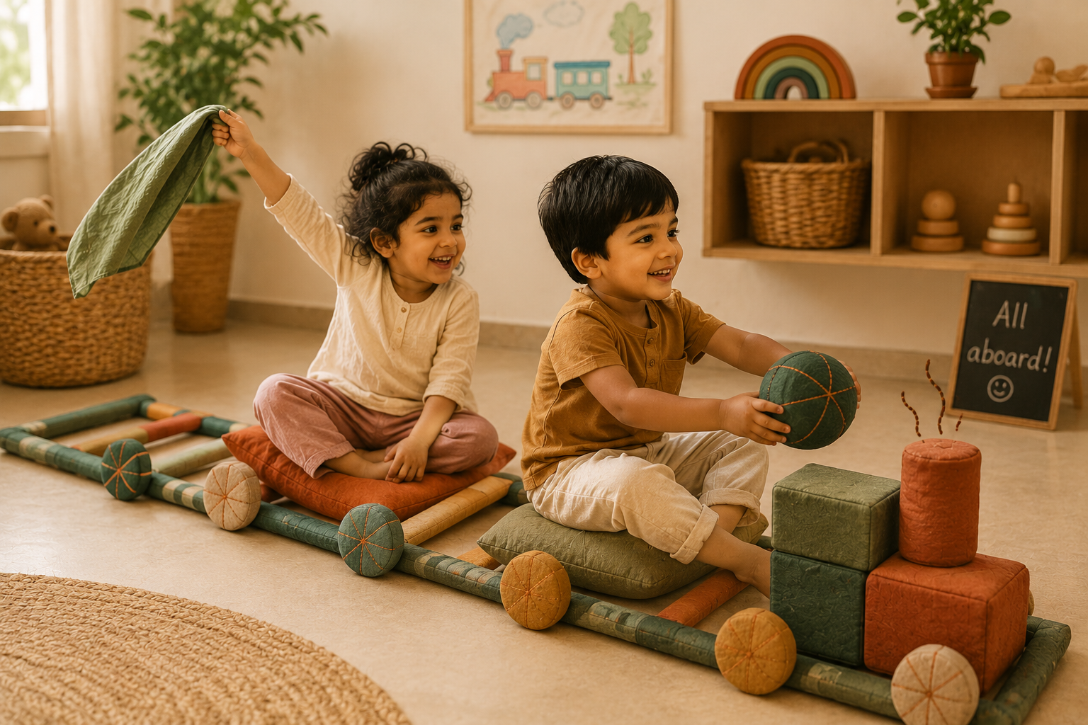 Children riding a train they built from cloth rollers, cushions and balls