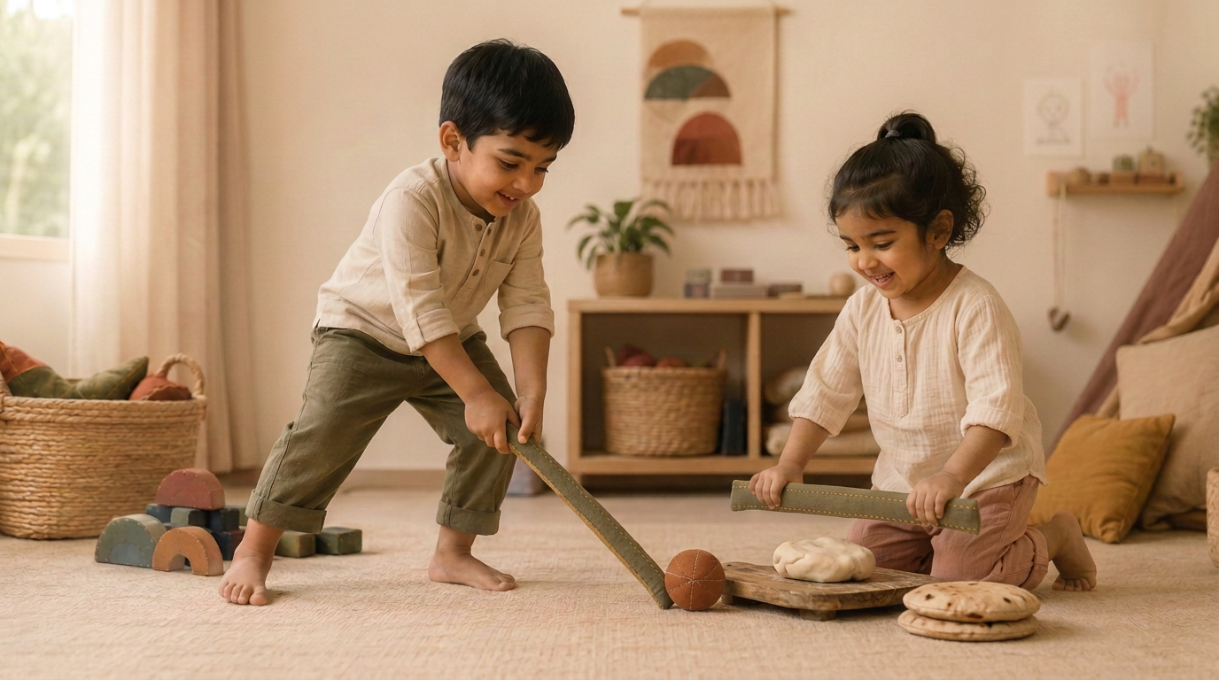 Two Indian children using the same green fabric stick and ball differently - one as a hockey stick, the other as a rolling pin to roll dough and make pretend rotis