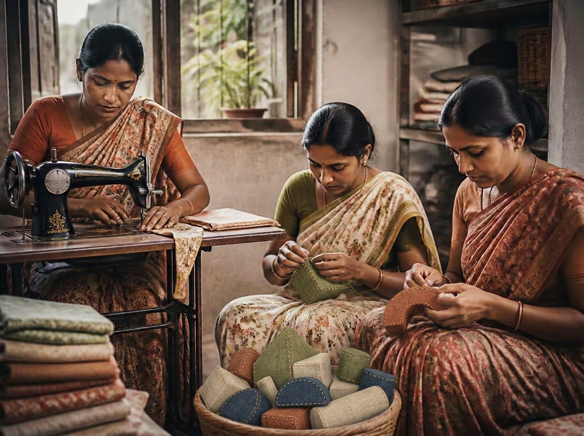 Three Indian women in sarees stitching Pitara fabric blocks in a home workshop, one working at a treadle sewing machine