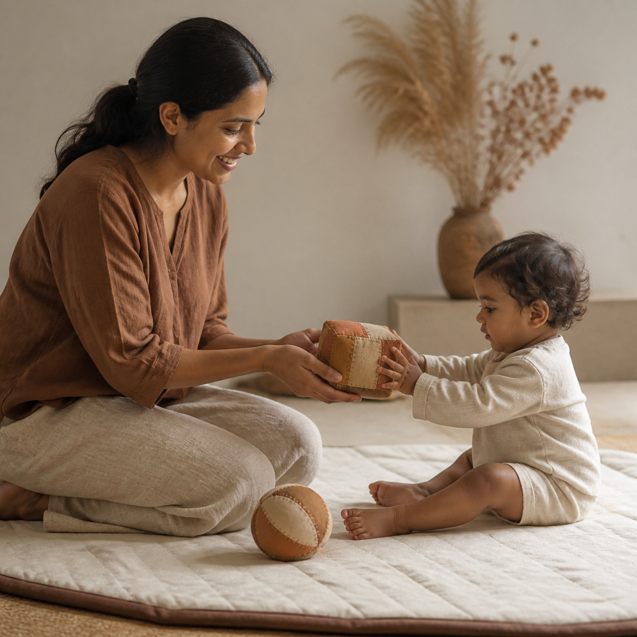 An Indian mother in loose linen trousers handing a stitched fabric discovery block to her toddler on a cream cotton floor mat